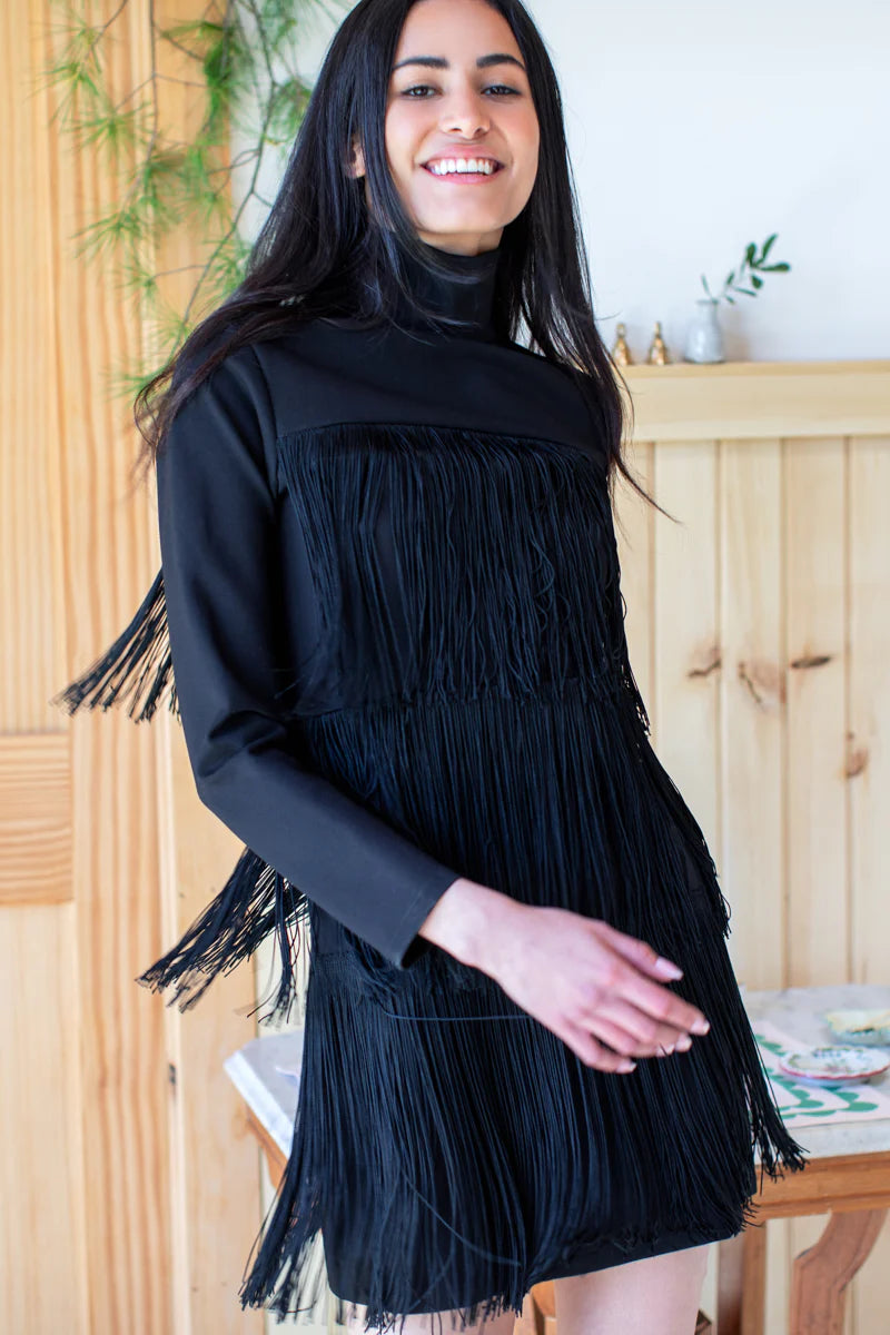 Short Fringe Dress in Black Ponte