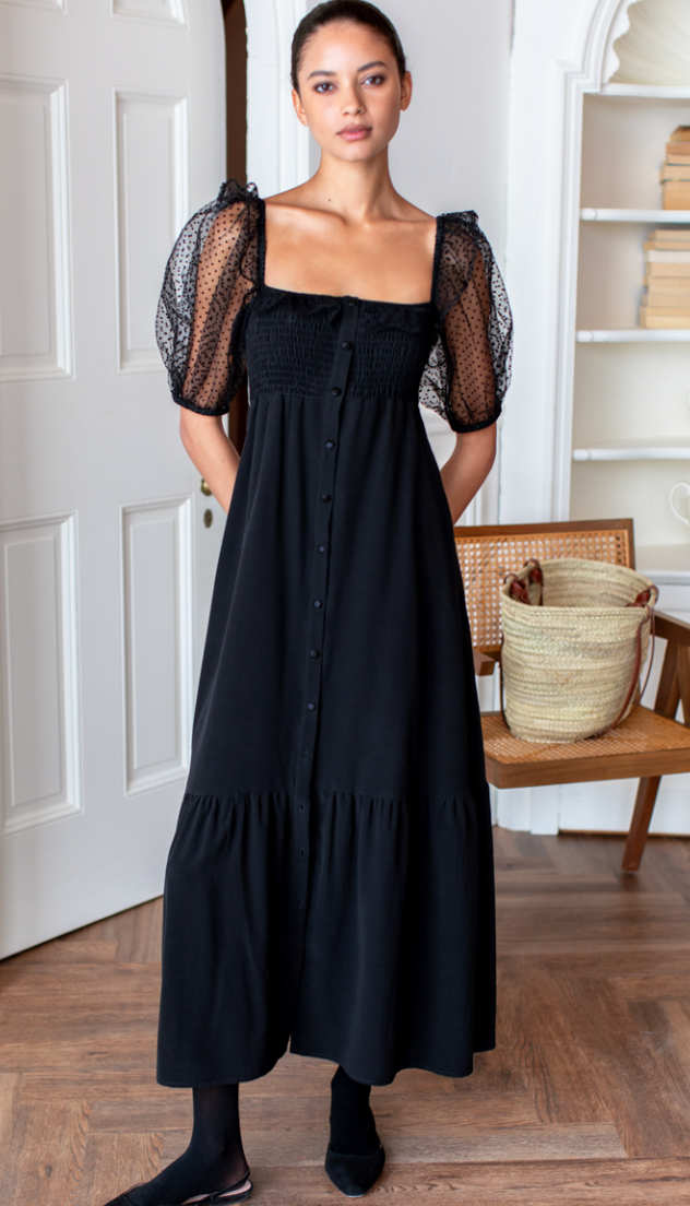 Shirred Bodice Maxi Dress in Black Dots